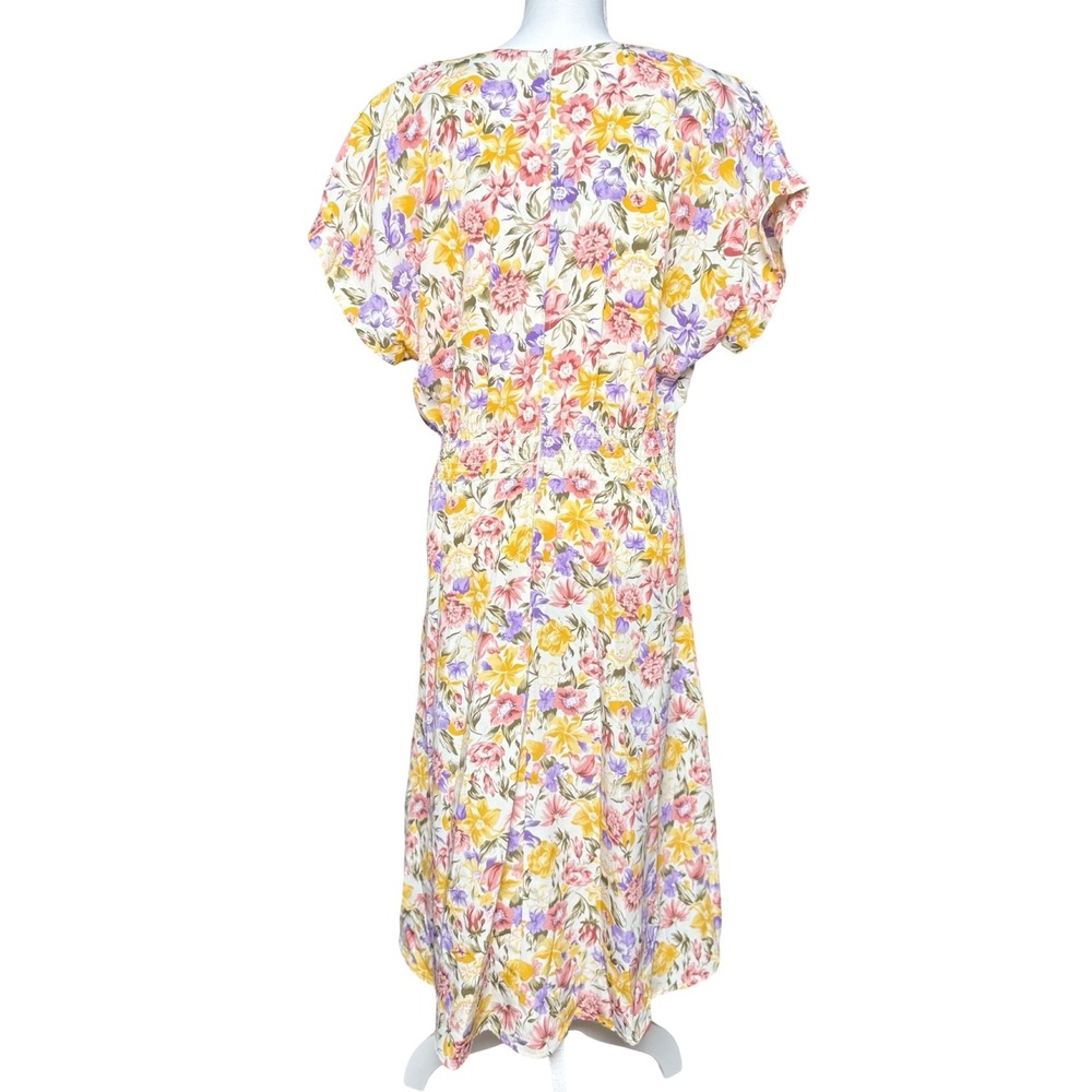Vintage Floral Midi Dress Cottagecore Pastel Button Front Womens 14 - Picture 3 of 7
